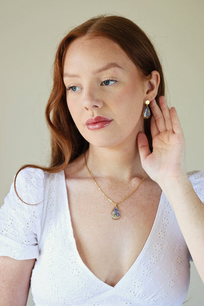 Forget Me Not Teardrop Resin Dangle Earrings | Necklaces